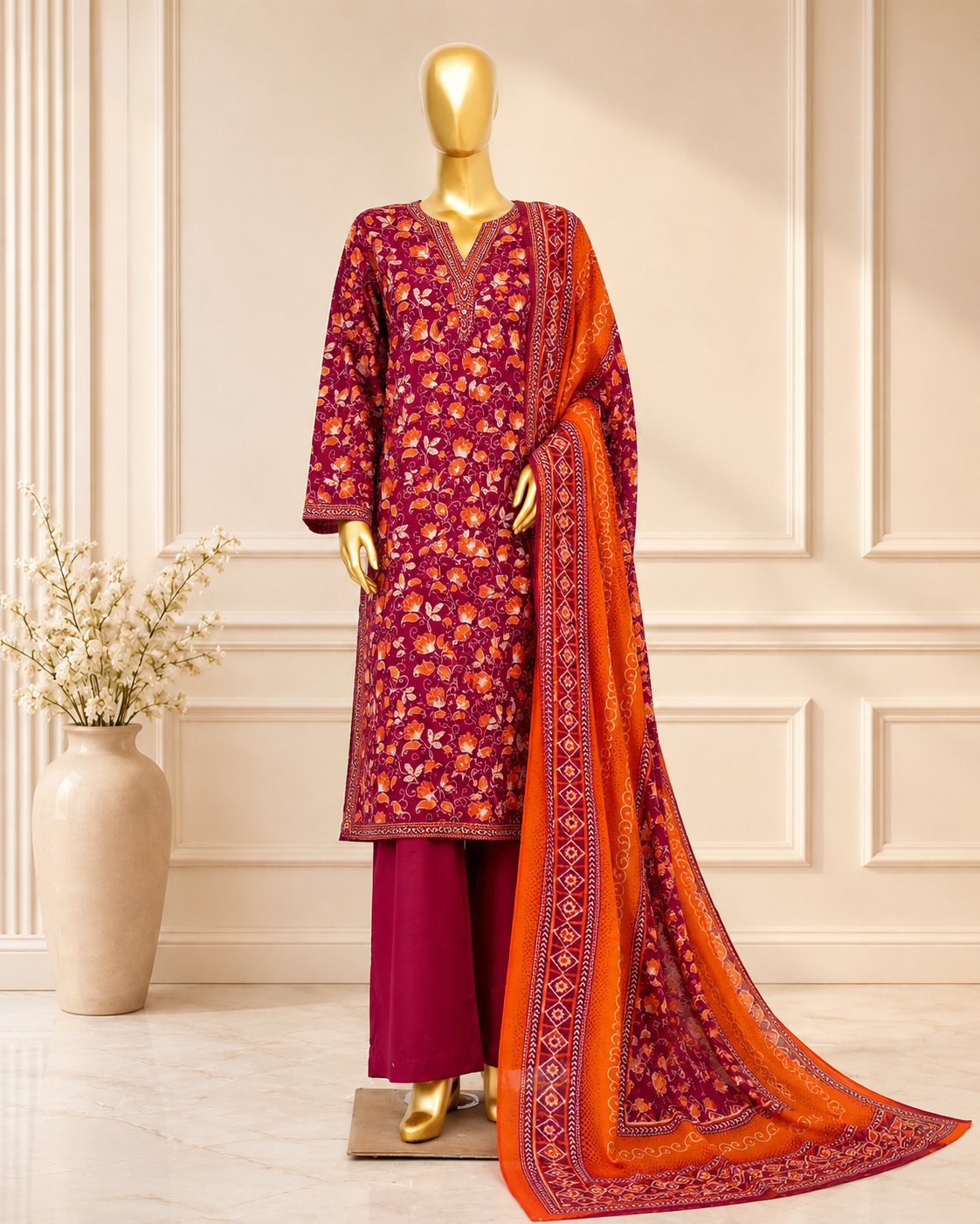 Bin Saeed Maroon Floral stiched Printed 3-Piece Suit with Orange Dupatta
