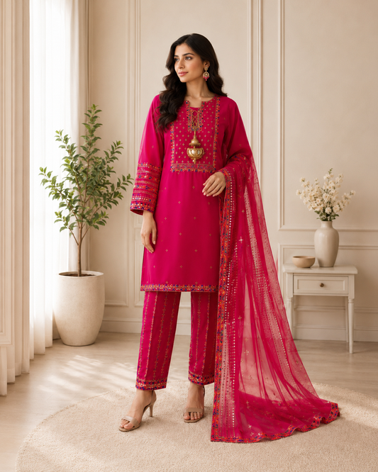 Hot Pink Embroidered Lawn Suit with Dupatta for Women