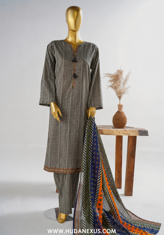 Bin Saeed Elegant Black & White Printed stiched 3-Piece Suit with Multicolor Dupatta