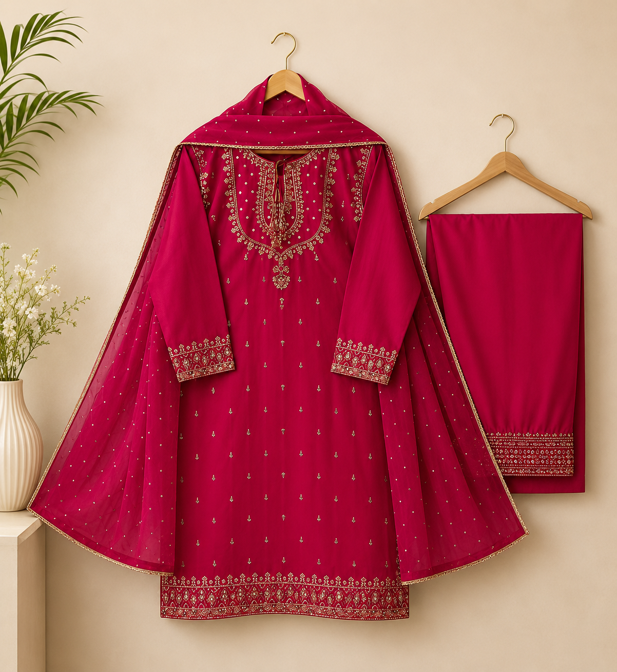 Ruby Pink Embroidered Suit