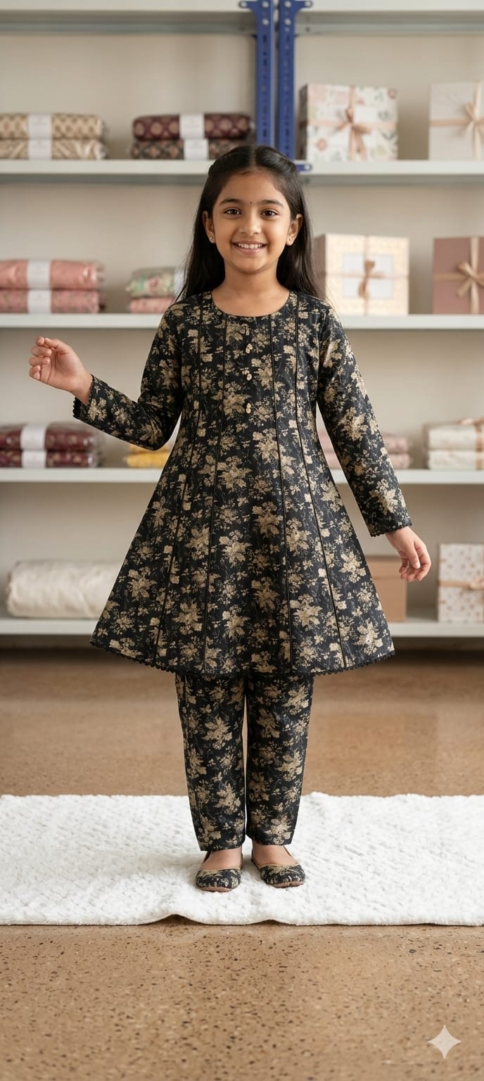 Elegant Black Floral Kids 2 Piece Suit