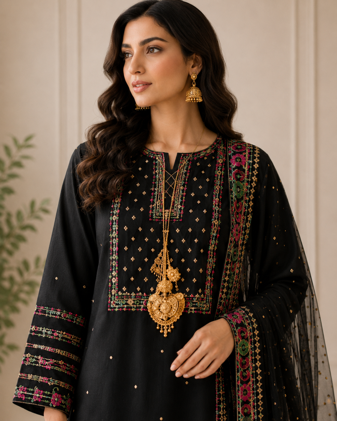 Black Embroidered Lawn Suit with Dupatta for Women