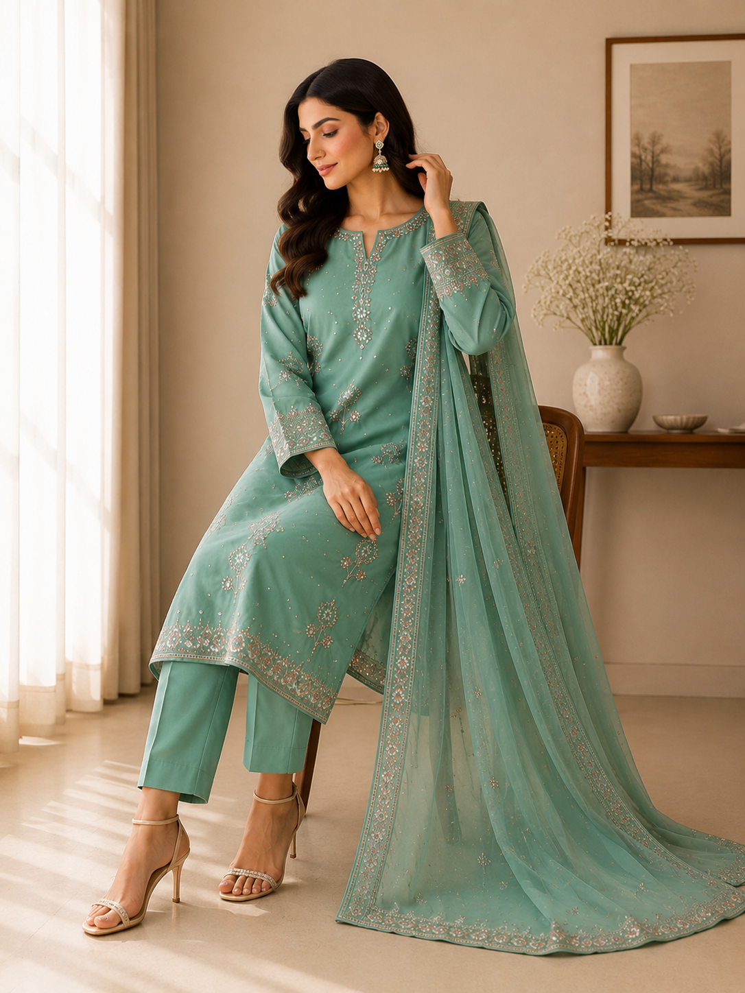 Sea Green Embroidered Suit