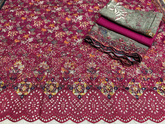 Luxury Magenta Floral Embroidered Lawn Suit with Dupatta
