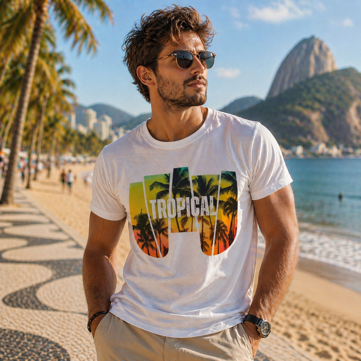Tropical Sunset Palm Graphic White T-Shirt