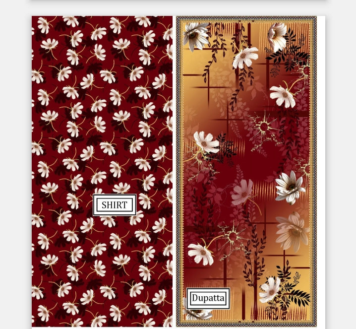 Elegant Maroon 3-Piece Printed Unstitched Suit for Women