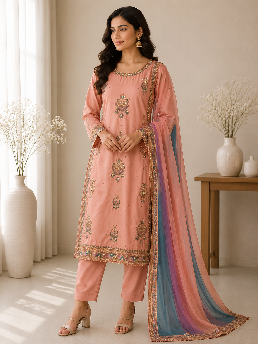Blush Peach Embroidered Suit