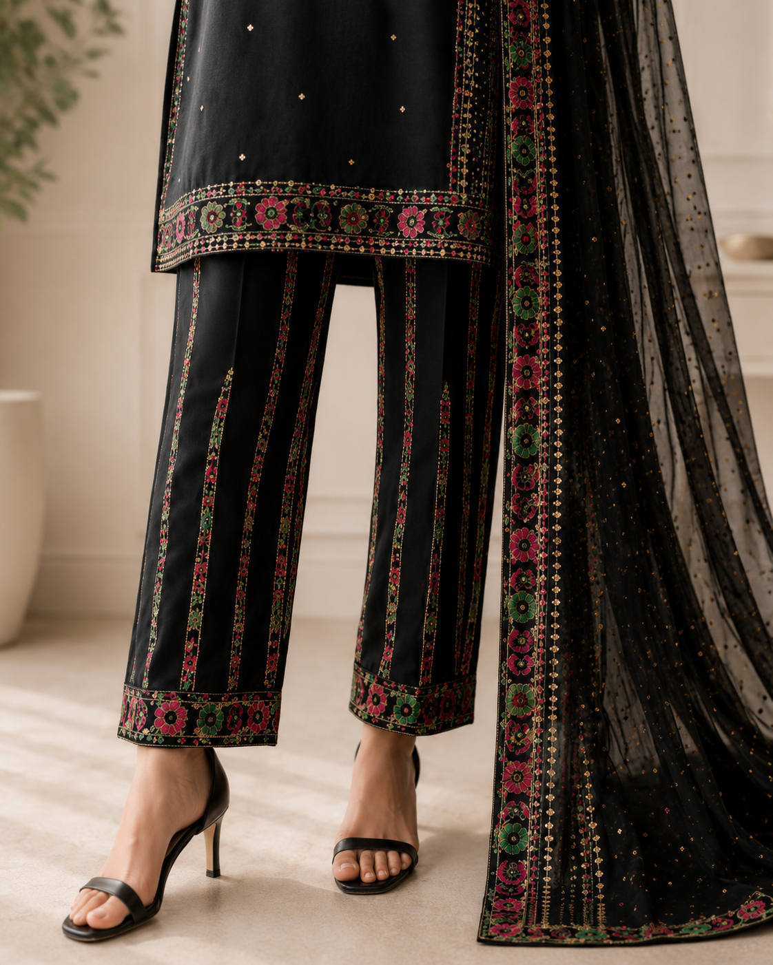 Black Embroidered Lawn Suit with Dupatta for Women