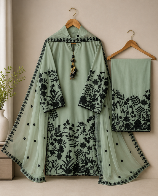 Mint Green Black Embroidered Suit