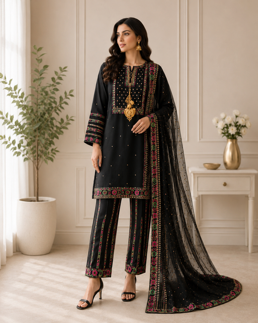 Black Embroidered Lawn Suit with Dupatta for Women