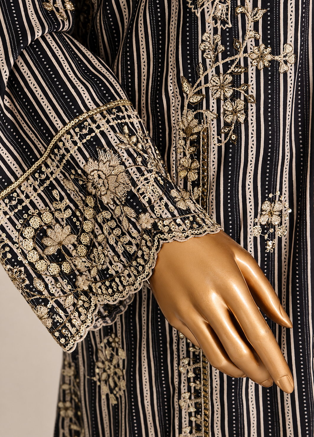Bin Saeed Elegant Black & Beige Striped stiched 3-Piece Suit with Printed Dupatta