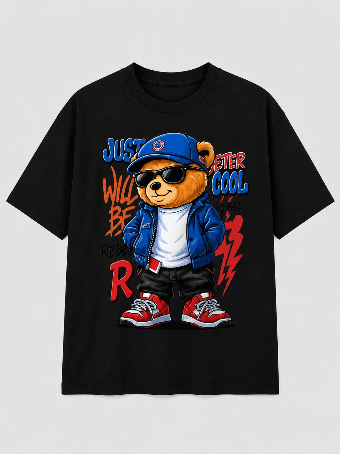 Cool Rebel Bear Graphic Printed Black T-Shirt