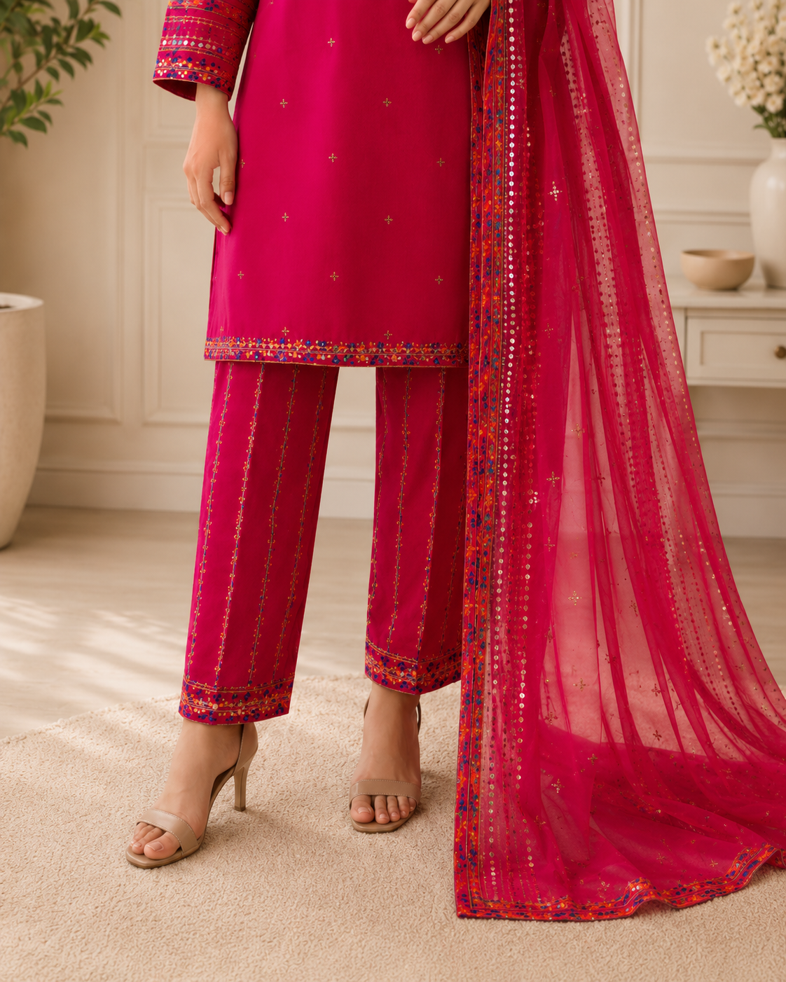 Hot Pink Embroidered Lawn Suit with Dupatta for Women
