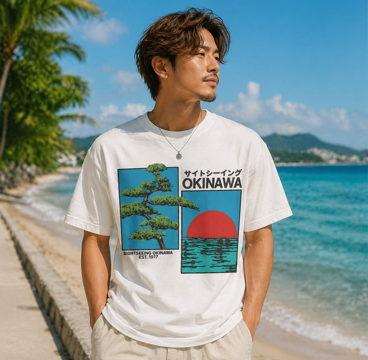 Okinawa Sightseeing Graphic Printed White T-Shirt