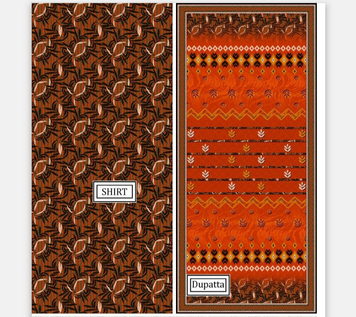 Burnt Orange Printed 2-Piece Unstitched Lawn Suit
