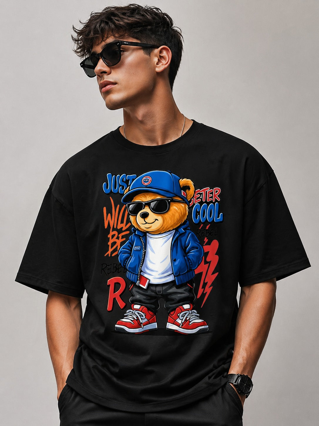 Cool Rebel Bear Graphic Printed Black T-Shirt