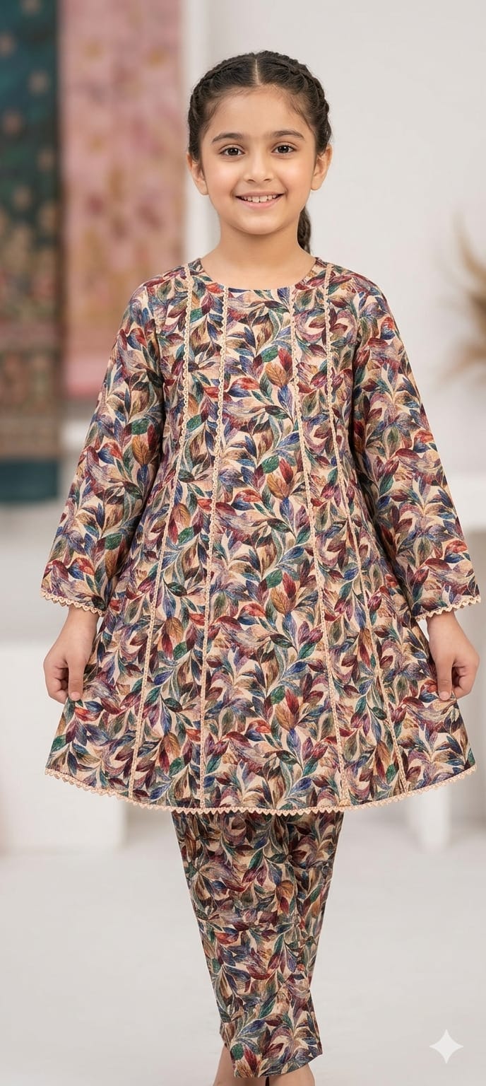 Elegant Multicolor Floral Printed Kids 2 Piece Suit