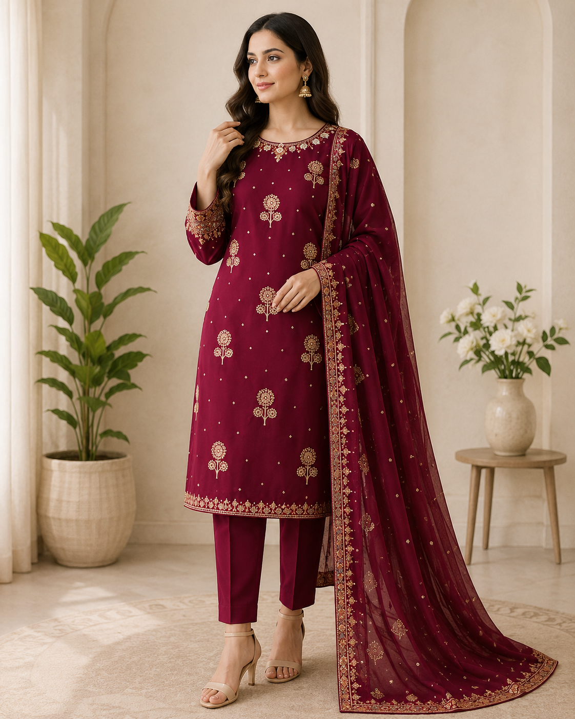 Luxury Maroon Embroidered Suit