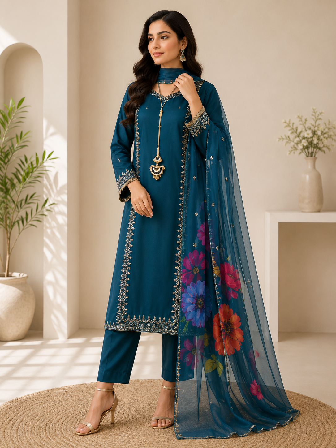 Teal Blue Embroidered Suit