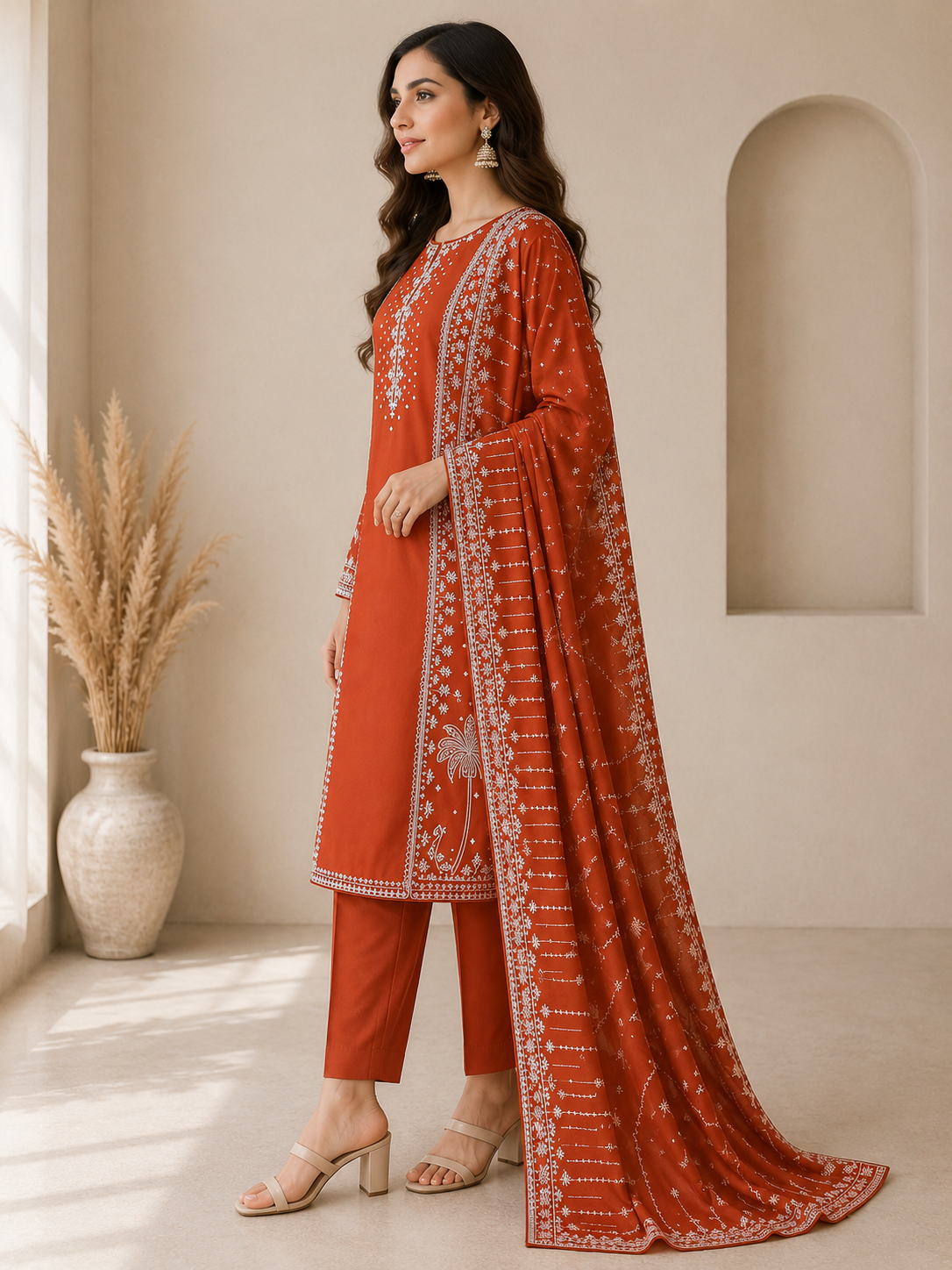 Rust Orange Embroidered Suit