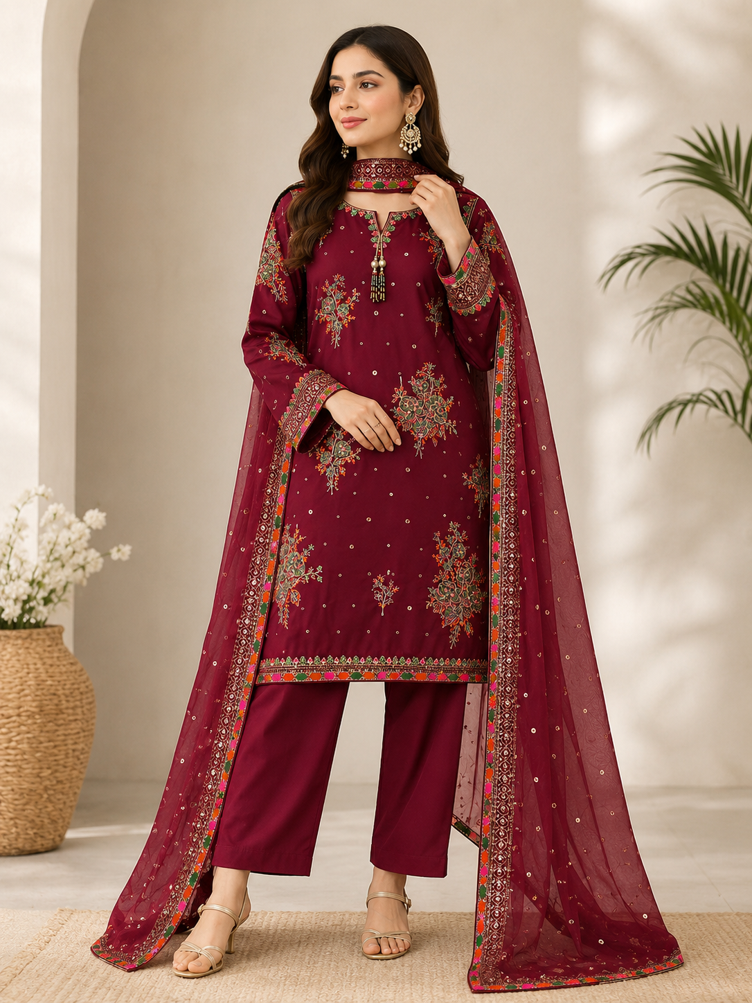 Luxury Maroon Embroidered Suit