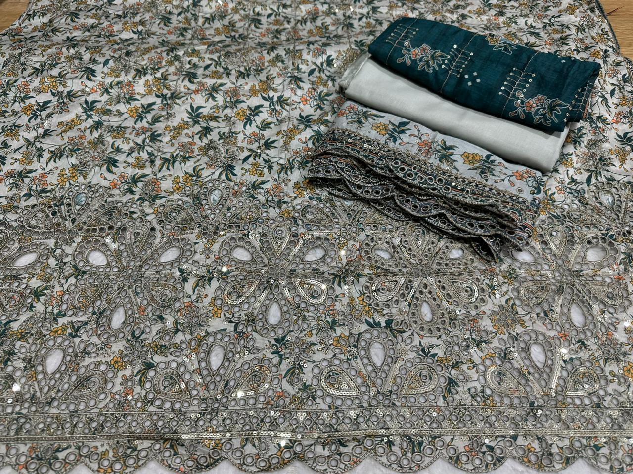 Elegant Grey & Teal Floral Embroidered Lawn Suit with Dupatta