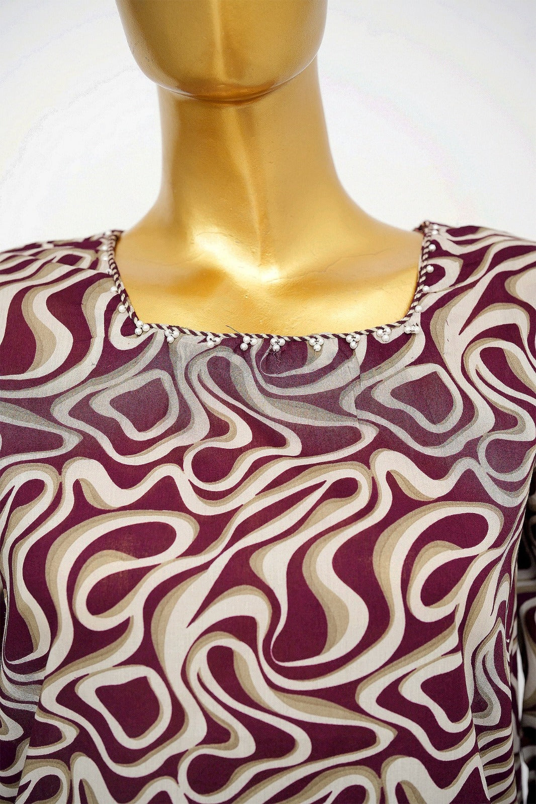 Bin Saeed Elegant Maroon & Cream Abstract Print stiched 3-Piece Suit with Geometric Dupatta