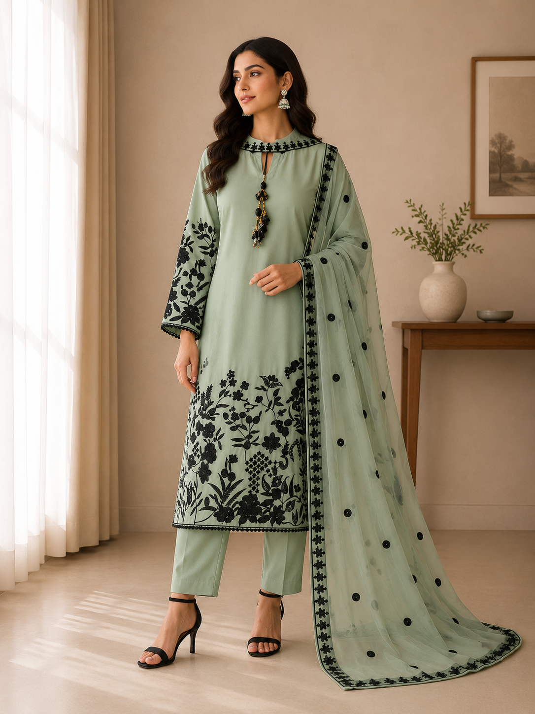 Mint Green Black Embroidered Suit