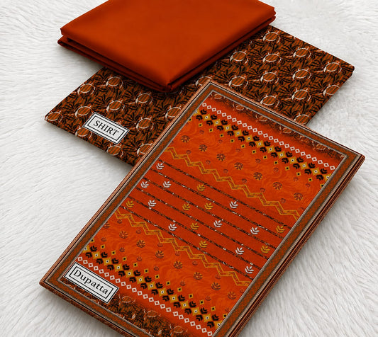 Rust Orange Printed Doria Lawn Unstitched 3-Piece Suit with Printed Dupatta & Plain Trouser