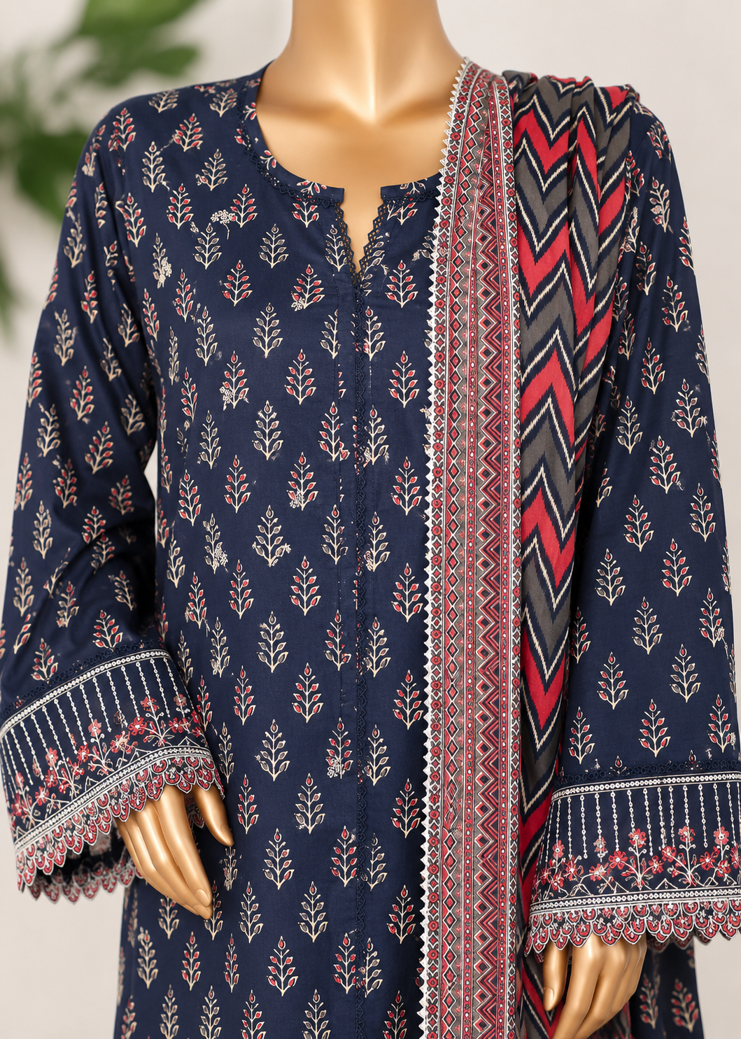 Elegant 3pc stitched Navy Blue Botanical Print Suit with Embroidered Cuffs & Chevron Dupatta