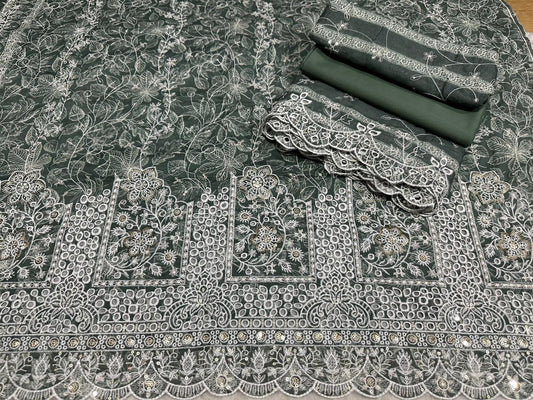 Elegant Grey Embroidered Lawn Suit with Chiffon Dupatta