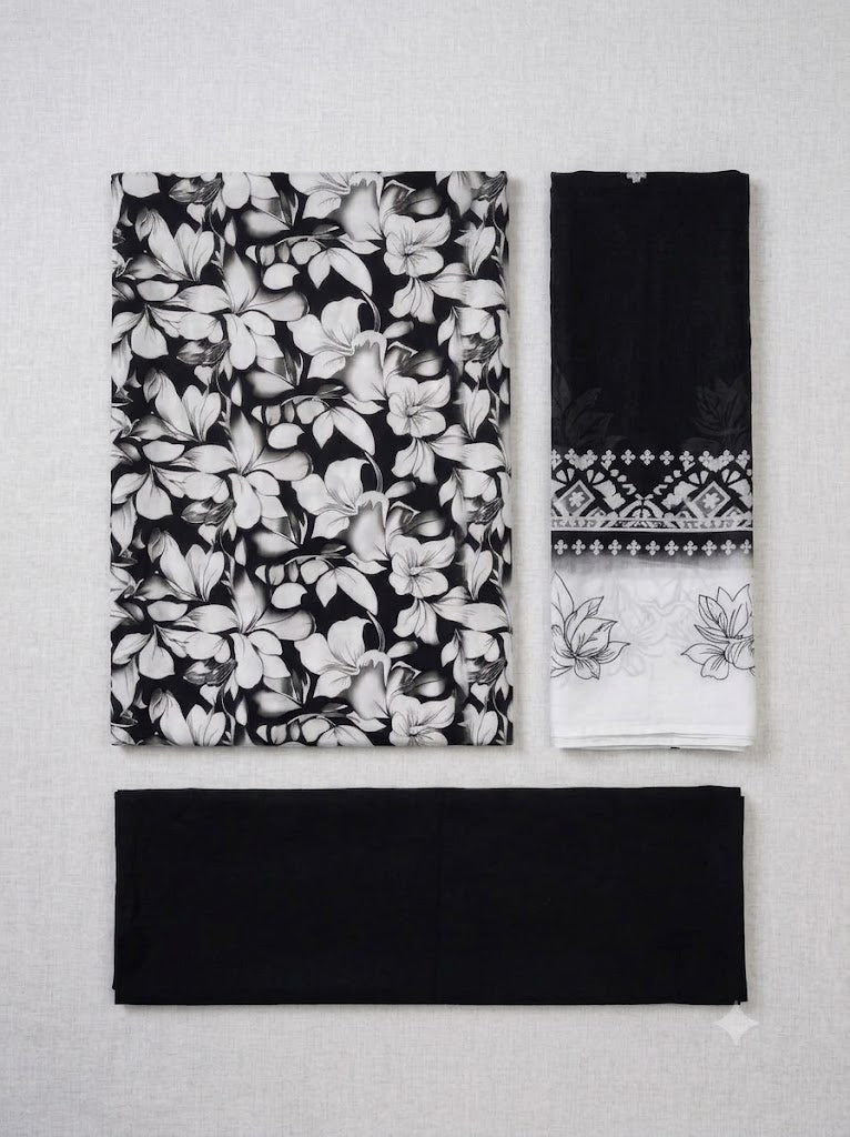 Black & White Floral Printed 3 Piece Lawn Suit for Women | Elegant Summer Collection