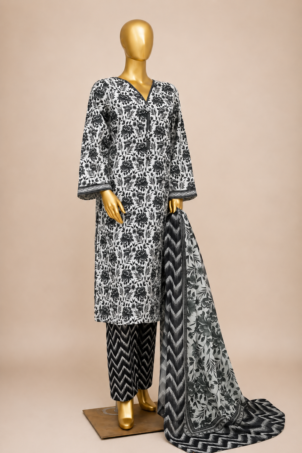 Black & White Floral Printed 3-Piece Suit