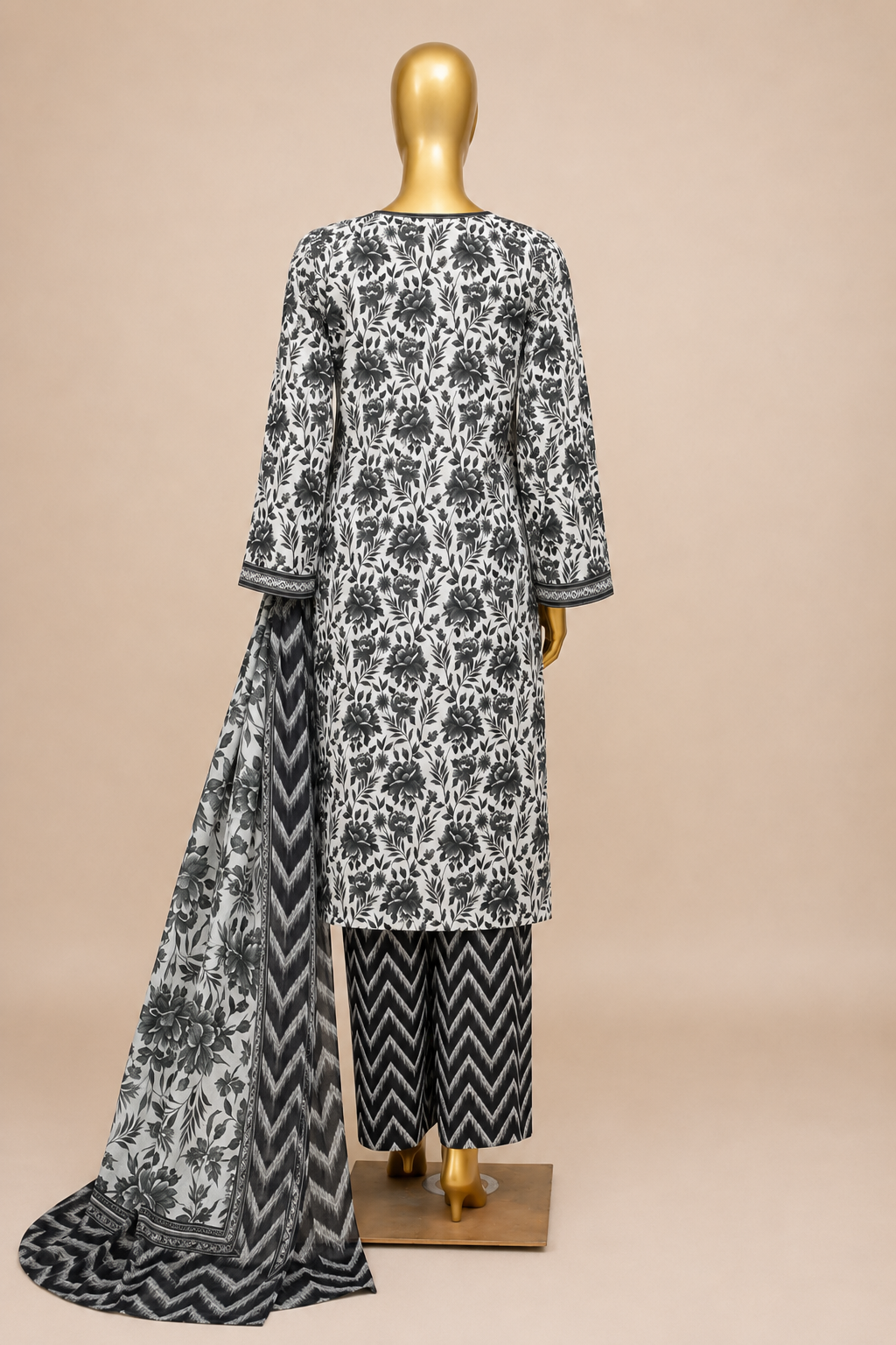 Black & White Floral Printed 3-Piece Suit