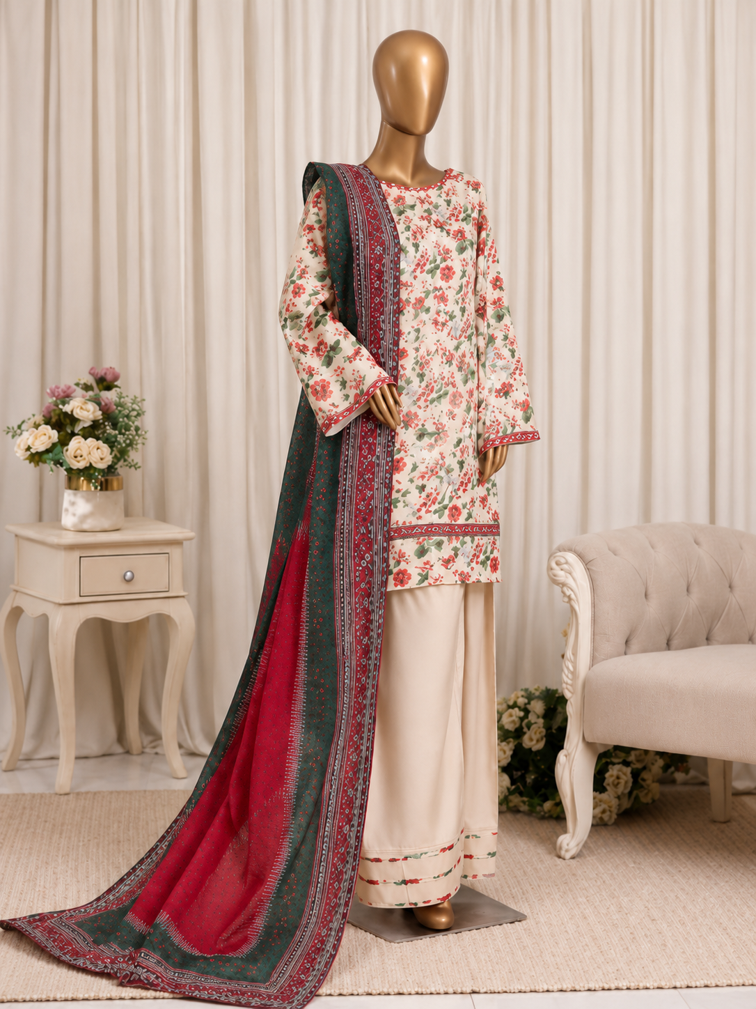 STITCHED LAWN 3PC PRINTED FARSHI SHALWAR  ARTICLE