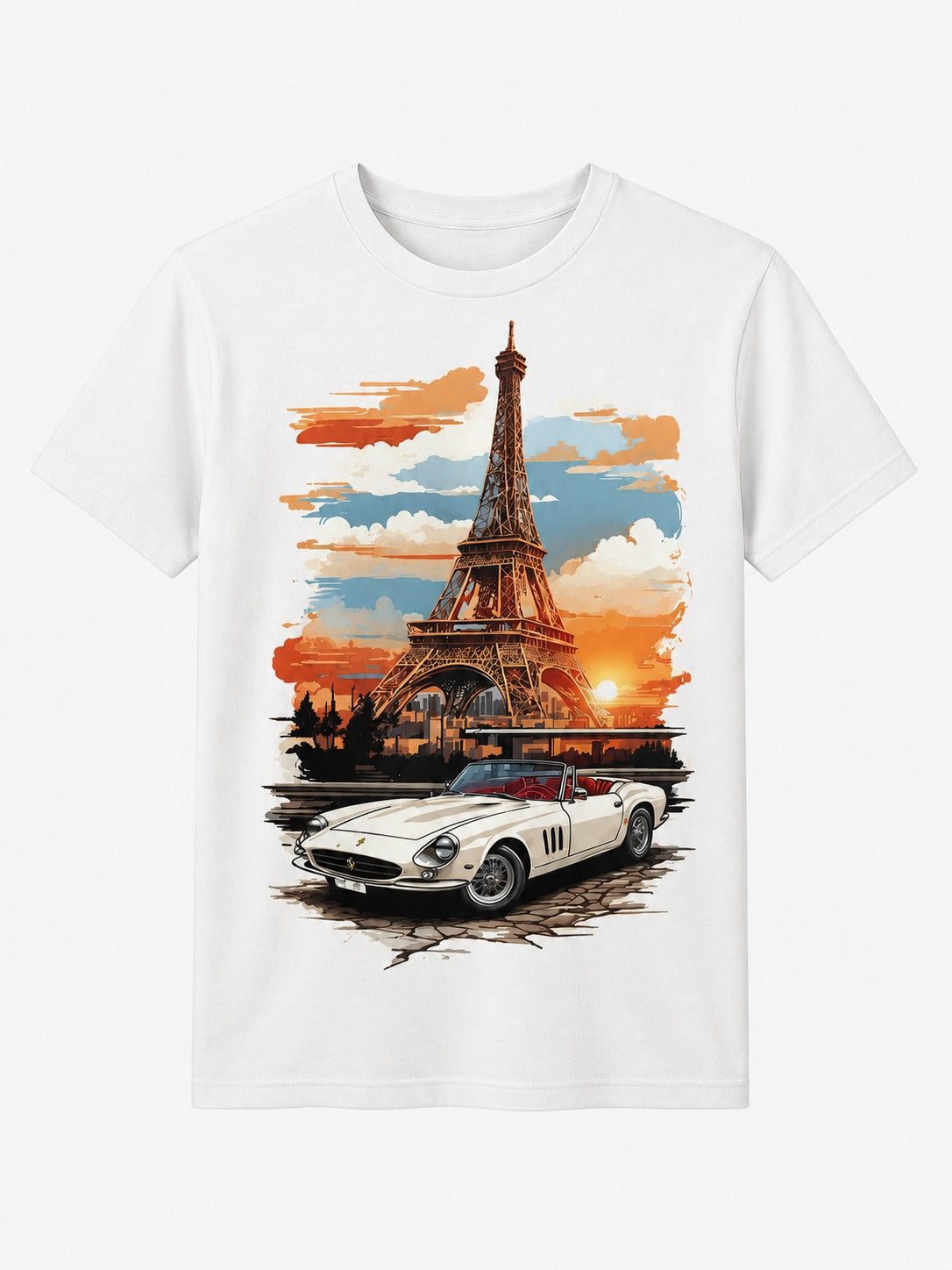 Paris Eiffel Tower & Classic Car White Graphic T-Shirt