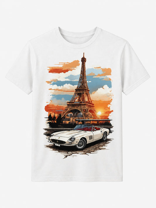 Paris Eiffel Tower & Classic Car White Graphic T-Shirt
