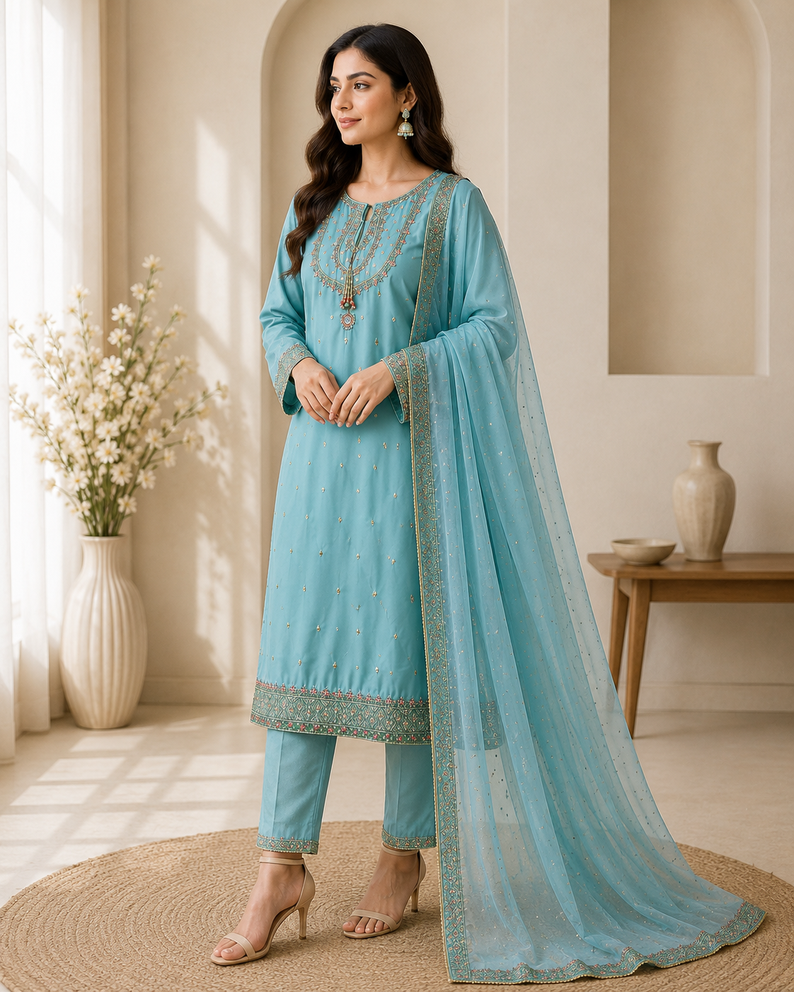 Sky Blue Embroidered Suit