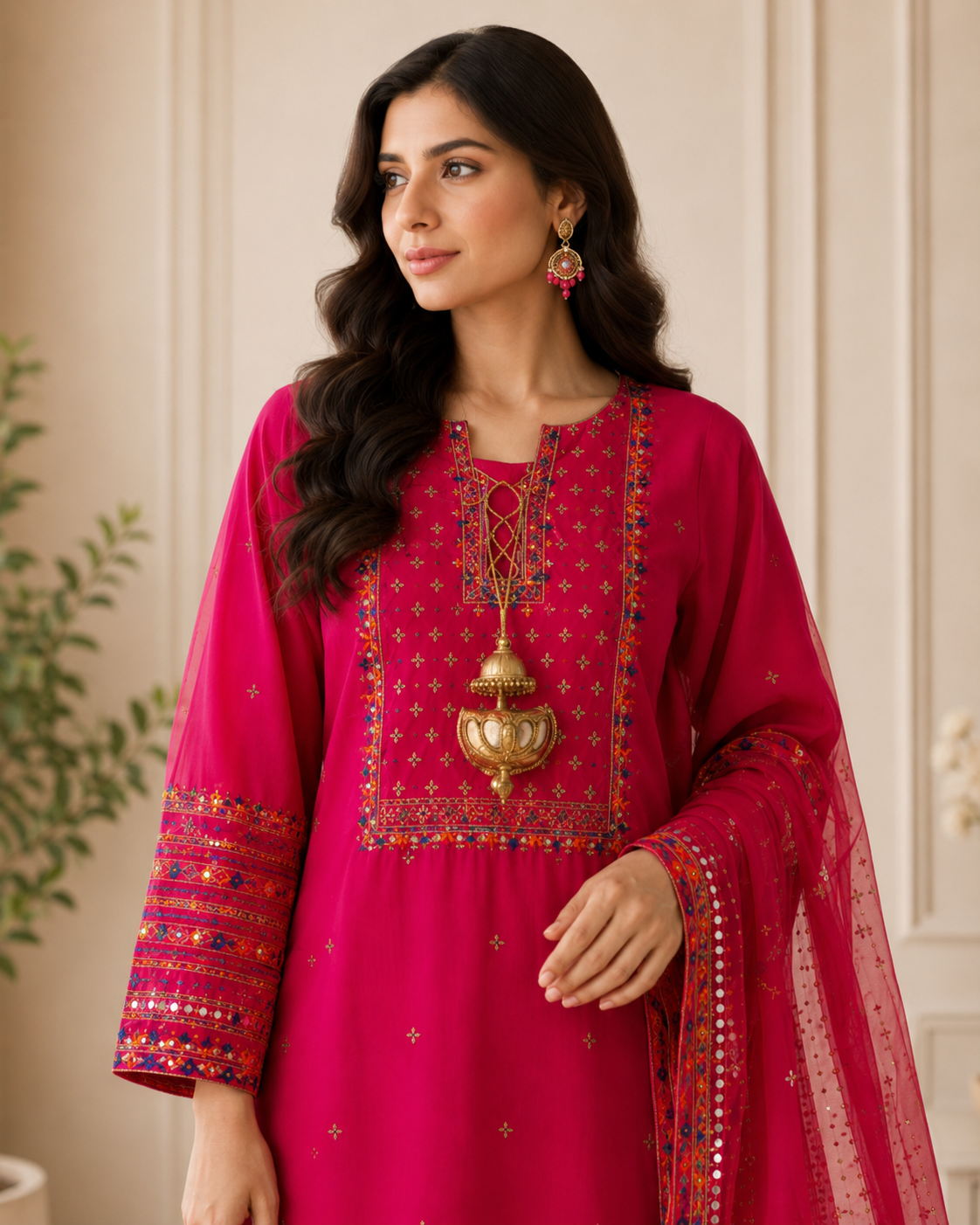 Hot Pink Embroidered Lawn Suit with Dupatta for Women