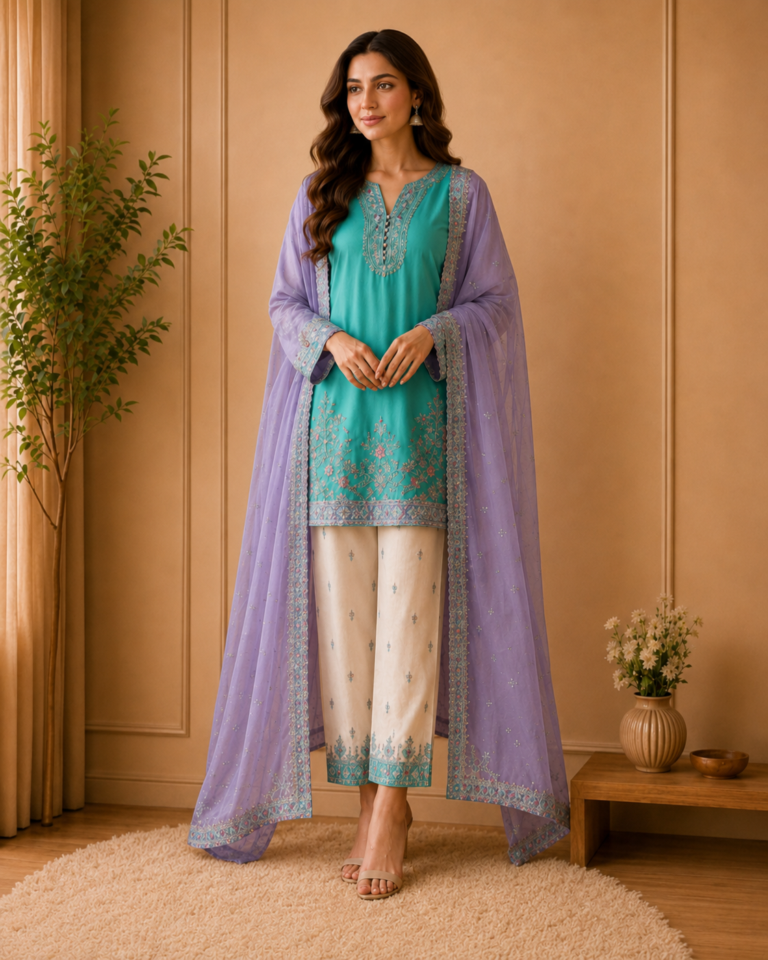 Pastel Lilac & Aqua Embroidered Stitched Formal 3-Piece Suit