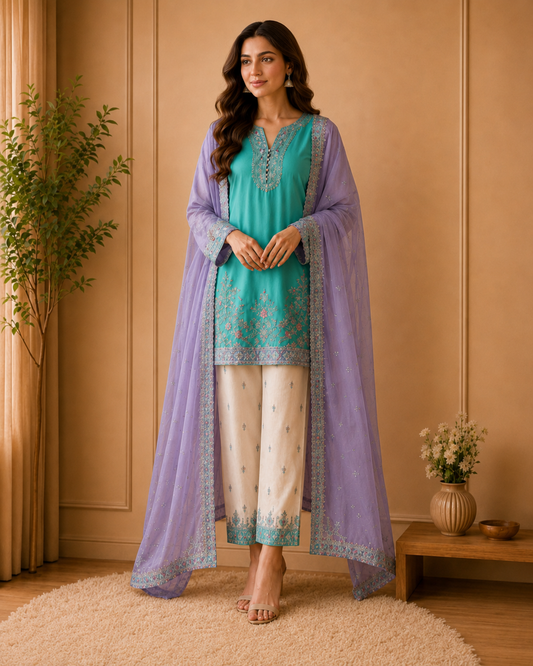 Pastel Lilac & Aqua Embroidered Stitched Formal 3-Piece Suit