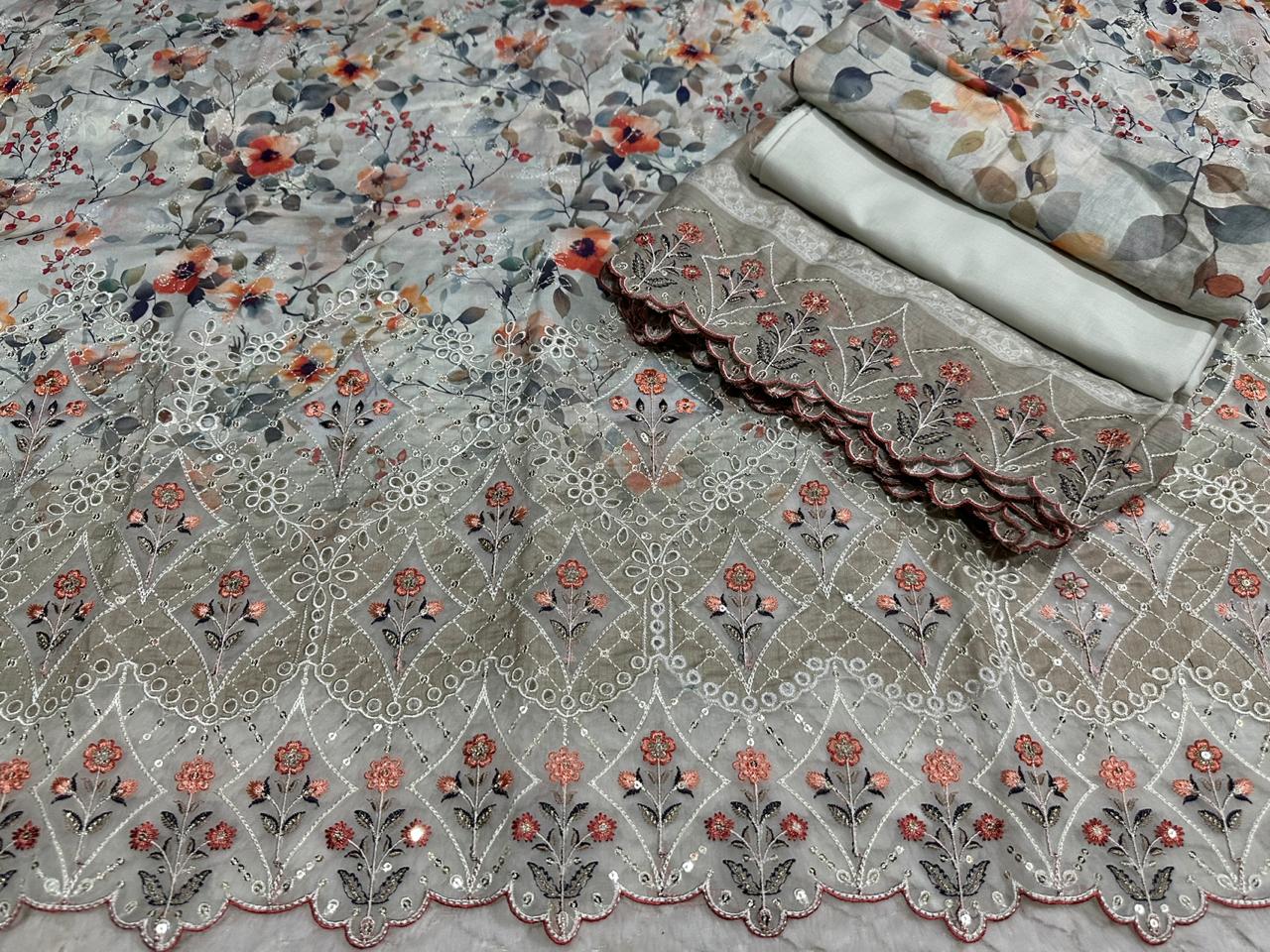 Elegant Grey Floral Embroidered Lawn Suit with Printed Dupatta