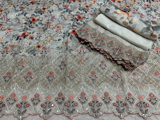 Elegant Grey Floral Embroidered Lawn Suit with Printed Dupatta