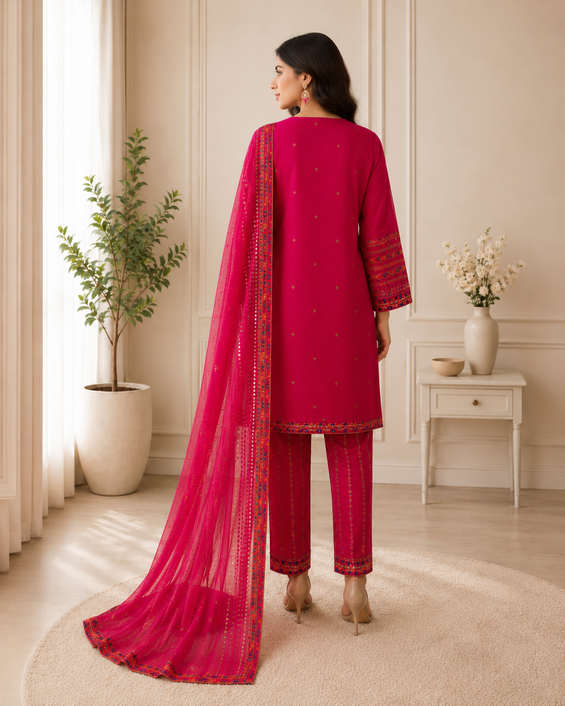Hot Pink Embroidered Lawn Suit with Dupatta for Women