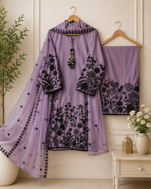Lavender Embroidered Lawn Suit with Dupatta – Women's Dress