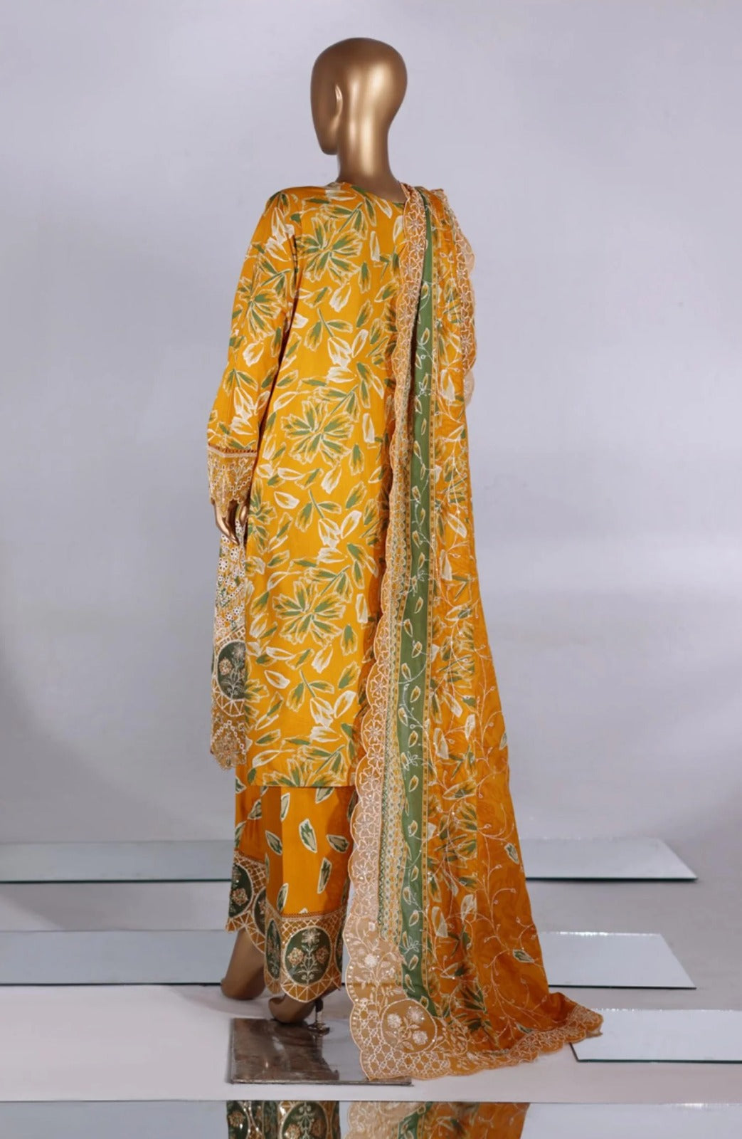 Bin saeed 3pc Mustard Yellow Floral Embroidered  stiched Lawn Suit with Printed Dupatta and Trouser