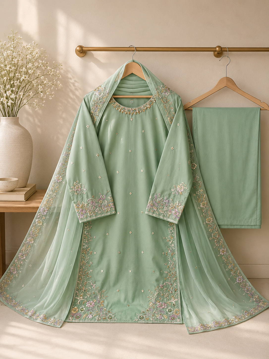 Mint Green Embroidered Suit