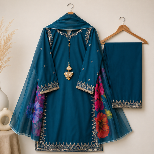 Teal Blue Embroidered Suit