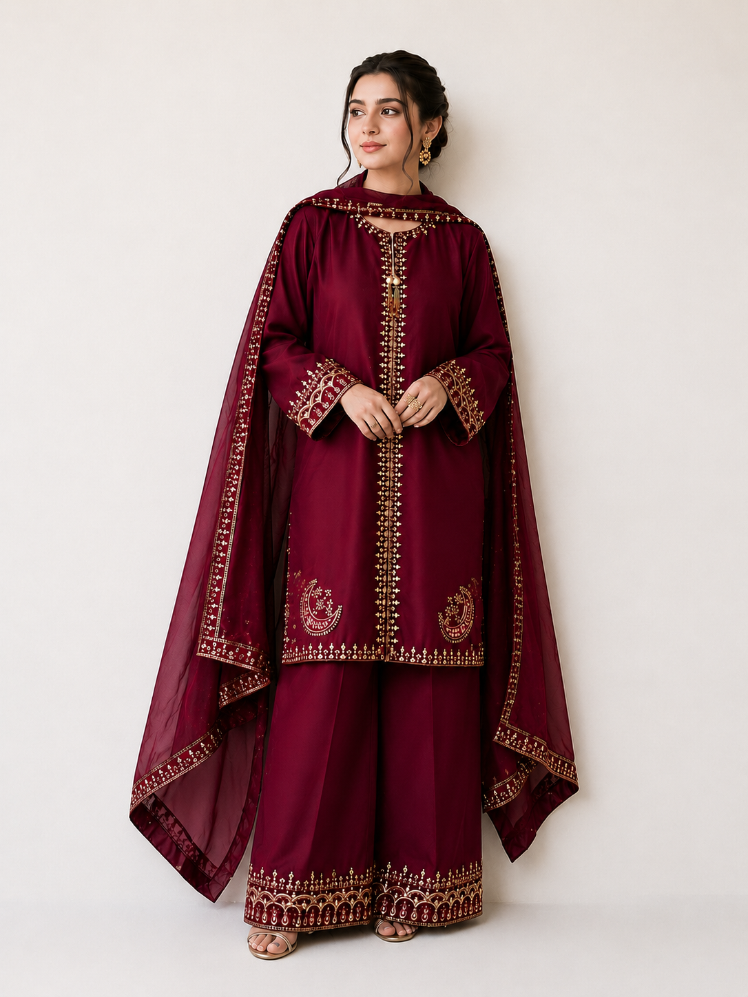 Luxury Maroon Embroidere Suit