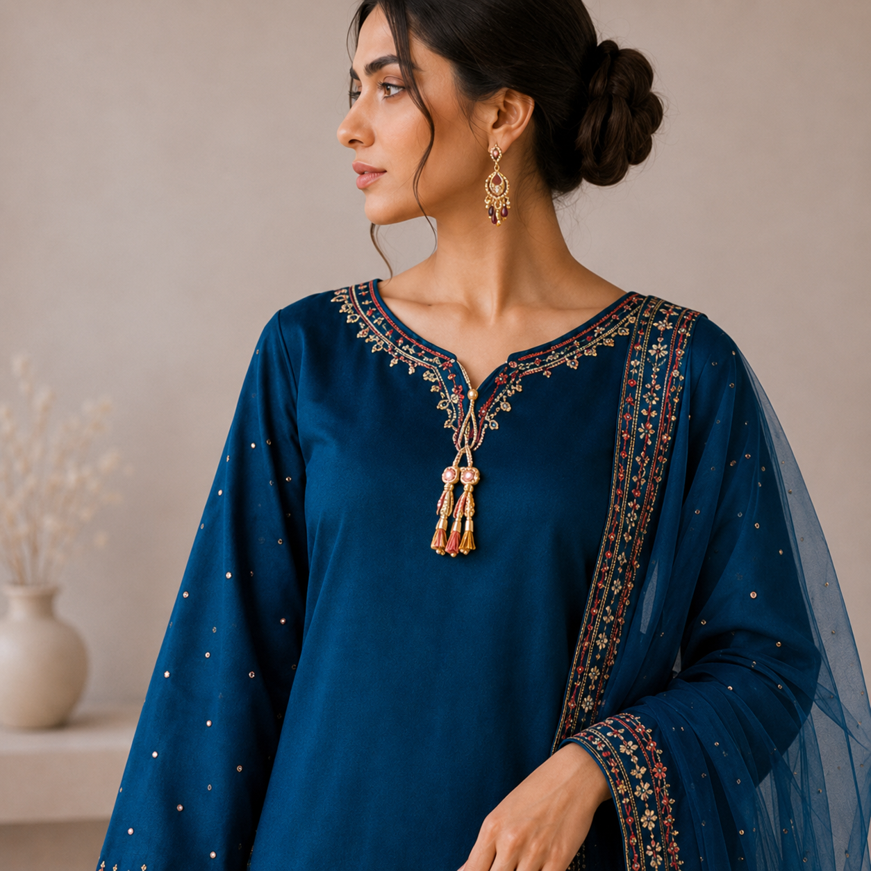 Royal Blue Embroidered Suit with Dupatta – Women's Dress